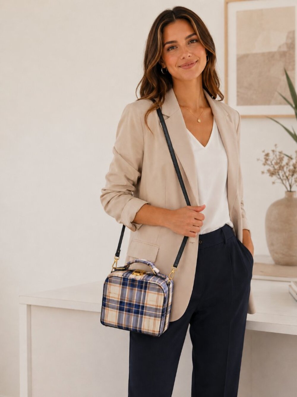 Plaid Mini Train Case Crossbody Bag – Structured Box Purse – Classic Chic